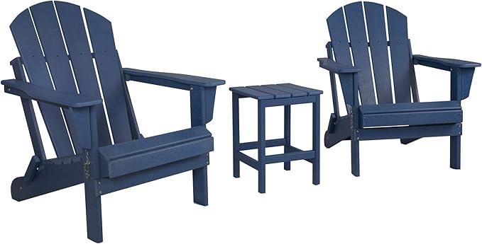 WestinTrends Malibu 3-Pieces Adirondack Chairs Set with Side Table, All Weather Outdoor Seating Plastic Patio Lawn Chair Folding for Outside Porch Deck Backyard, Navy Blue