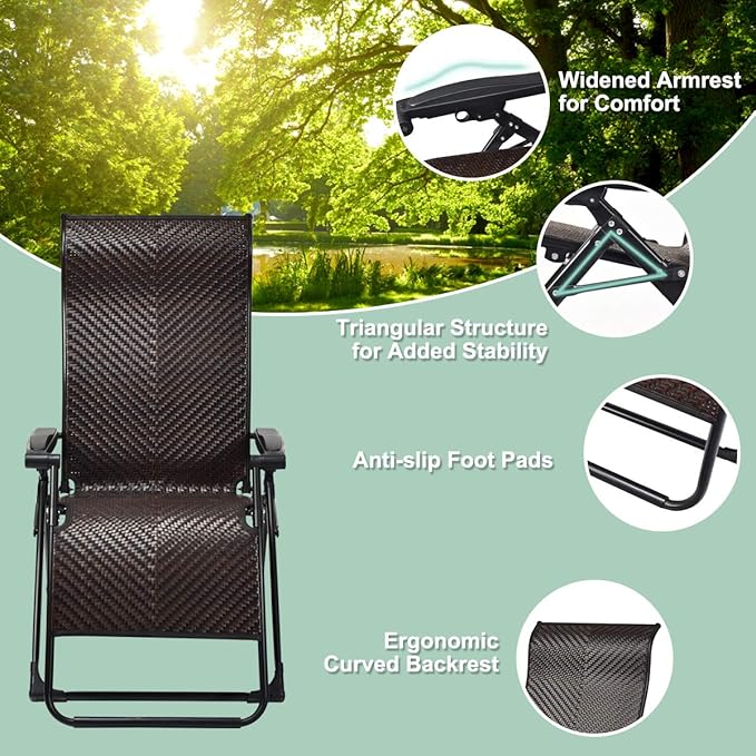 Tangkula 2 PCS Rattan Zero Gravity Chair, Outdoor Adjustable Folding Lounge Chair with Widened Armrest & Locking System, Heavy Duty Wicker Chaise Folding Recliner for Pool, Patio, Beach, Yard (2)