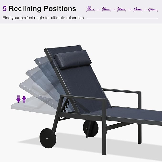 PURPLE LEAF Patio Lounge Chair Set Outdoor Chaise Lounger Aluminum Frame with Armrest 2 Side Table and Wheels for Pool Outside Sunbathing Tanning Recliner Including Pillows Navy Blue
