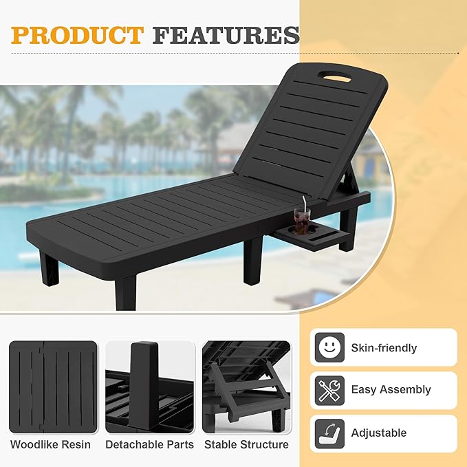 UDPATIO Outdoor Lounge Chairs Set of 2, Resin 5-Position Adjustable Reclining Chaise Lounge, Waterproof Patio Chairs for Pool, Beach, Lawn, and Garden