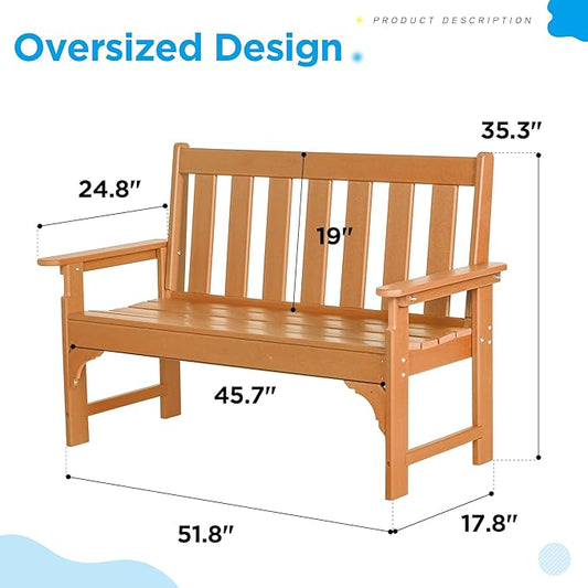 nalone Outdoor Bench, HDPE All Weather Patio Bench Load up to 800 Lbs, 2-Person Garden Bench Rot-Proof Fade Proof for Patio, Porch, and Park (Teak)