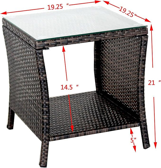 Rattan Wicker Side Table Glass Coffee Table for Outdoor Backyard Lawn Balcony Pool Square Tempered Glass Top Wicker Rattan End Table Furniture with Storage (Brown2)