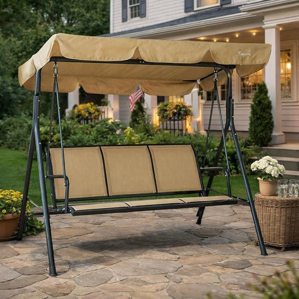 Kozyard 3-Person Outdoor Canopy Porch Swing Chair, Breathable Textilene Armrest Seat, Adjustable Shade - Photo 1