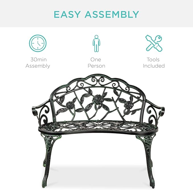 Best Choice Products Outdoor Bench Steel Garden Patio Porch Loveseat Furniture for Lawn, Park, Deck Seating w/Floral Rose Accent, Antique Finish - Black/Green