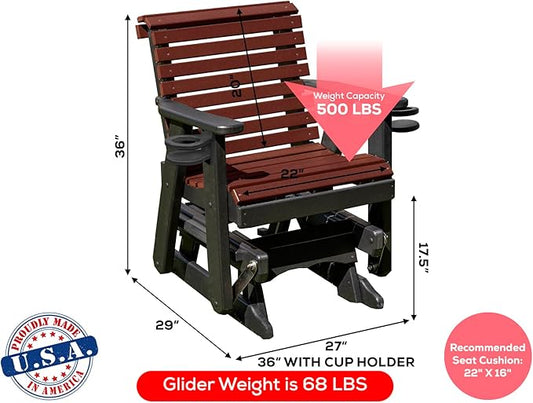 Amish Craftsmanship Made in USA 2FT Heavy Duty Poly Lumber Wood Porch Patio Glider HDPE with No wood fibers Lancaster Series Rollback design 500 lbs Limit With Cupholders Cherry on Black
