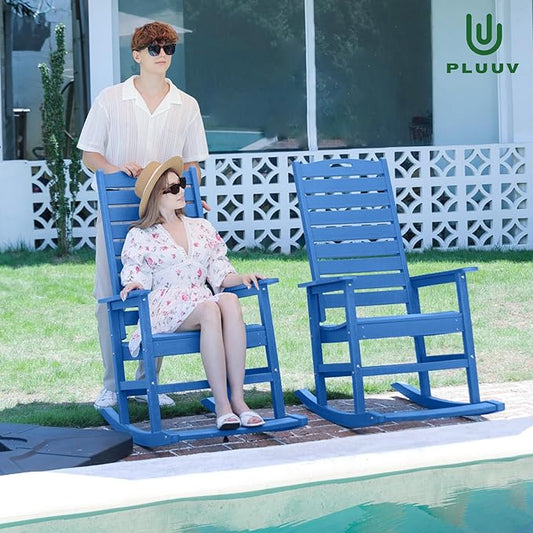 PLUUV Outdoor Rocking Chair Set of 2 with Removable Footboard for Adults, HDPE High Back Patio Rocking Chairs, 330lbs All Weather Porch Rocking Chairs for Outdoor & Indoor -Navy Blue
