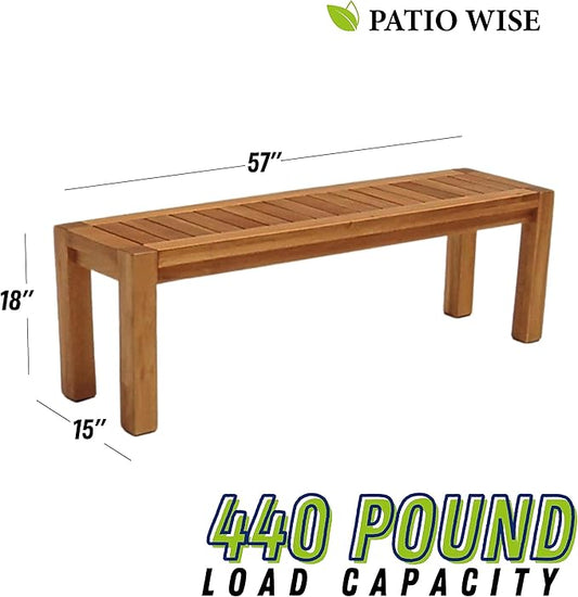 Patio Wise Acacia Wood Traditional Backless Bench, 5-Foot Indoor/Outdoor Wooden Porch, Patio, Garden & Park Seating, 57-Inches Long x 15-Inches Wide x 18-Inches High, Teak Color