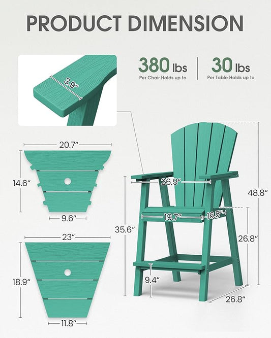 Tall Adirondack Chairs Set of 4, HDPE High Adirondack Chairs with Double Removable Trays, All Weather Outdoor Barstools for Patio, Balcony, Backyard, Deck and Garden, Lakeblue