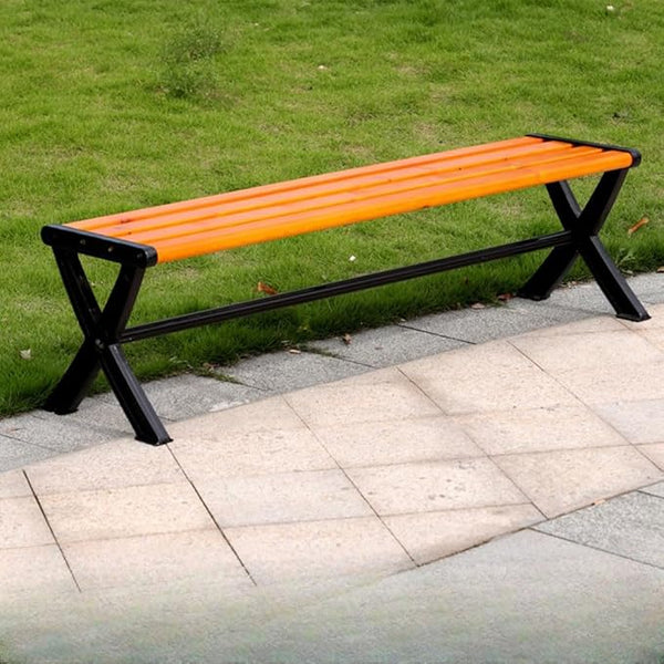 LITFAD Outdoor Bench Modern Park Bench with Corrosion Resistant Metal Frame, Yellow-Brown Wooden Seating Without Backrest, Garden Bench for Patio, Lawn, Yard, Porch - Type A, 71" L x 15.5" W x 16" H