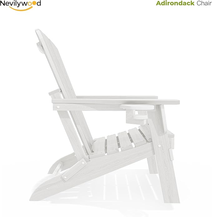 nevilywood Folding Adirondack Chair, Ergonomic Extended Backrest, HDPE All-Weather, 380lbs Capacity, Maintenance-Free, Cup Holder, (White)- Outdoor Patio & Firepit Chair