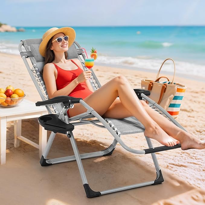 Magshion Zero Gravity Chair with Cushion, Reclining Outdoor Patio Lounge Chair, Folding Indoor Anti Gravity Recliner, Portable Lounger with Removable Cup Holder Side Tray and Pillow Headrest (Grey)