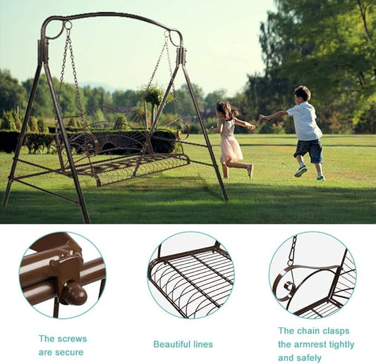 Porch Swing Hanging Bench Metal Porch Swing Outdoor Patio Furniture Iron Swing Chair Heavy Duty Steel Black Porch Swing Hanging Chair Porch Swings for Garden, Yard, Deck, Backyard(Not Included Stand)