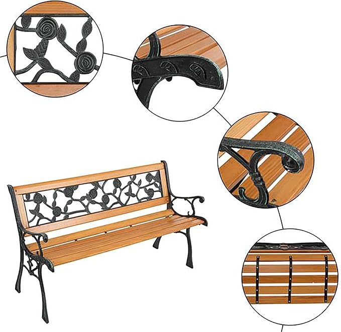 LICOME 49" Garden Bench Outdoor Bench Patio Bench,Cast Iron Metal Frame Patio Park Bench with Floral Pattern Backrest,Arch Legs for Porch,Lawn,Yard(Style3)