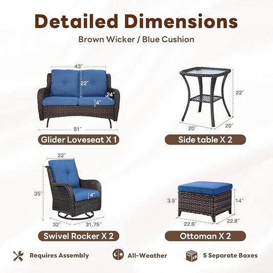 Belord 7 Piece Wicker Patio Furniture Set, Outdoor Swivel Rocker Chairs Set of 2 with Ottomans and Loveseat, All Weather Patio Conversation Furniture Set, for Pool,Yard,SunroomBrown Wicker/Blue