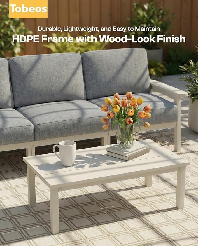 HDPE Patio Furniture Set 8 Seats, Outdoor Couch with Washable Thick Gray Cushions & Side Table, Outdoor Sectional Furniture for Backyard, Deck, Lawn, Porch (White Frame)