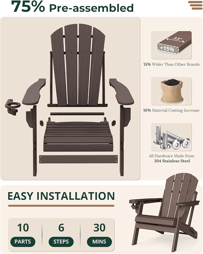 BRIOPAWS Folding-Adirondack-Chairs Set of 2 | HDPE | Brown Wood Grain | Fire Pit Chair | Cup Holder | Weather Resistance | for Outdoor Backyard Deck Patio