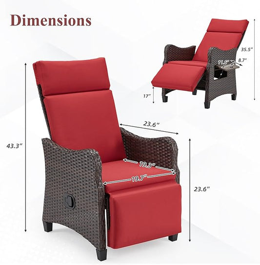 HOMREST Outdoor Recliner Chair with Flip-up Table Set of 2, Rattan Armchair with Adjustable Backrest up to 150°, Wicker Lounge Chair with Integrated Footstool & Removable Cushion for Gardens, Burgundy