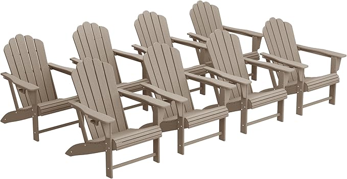 Costaelm Lakeview Outdoor Patio HDPE Adirondack Chairs with Cup Holders (Set of 8), Weathered Wood