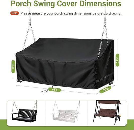 Porch Swing Cover, Waterproof Outdoor Hanging Swing Chair Cover for 2-Person Seating Bench, Patio Furniture Covers (63" L x 28" W x 18/25" H)