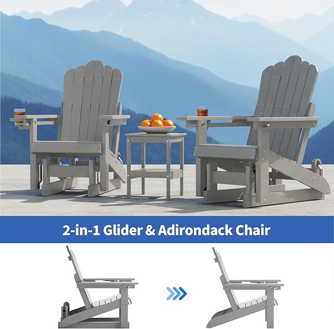 HDPE Outdoor Glider Chair Set of 2,3-Position Adjustable Backrest Patio Glider, All-Weather Glider Rocker Chair with Cup Holders,Porch Glider for Outside,Deck,Fire Pit, Poolside,400LBS Capacity (Grey)