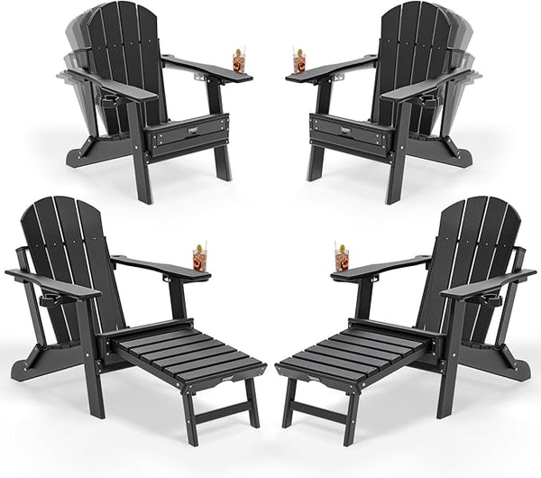 VINGLI Back-Adjustable Plastic Folding Adirondack Chairs Set of 4 with Retractable Footrest & 2-in-1 Cup Holders - Photo 1