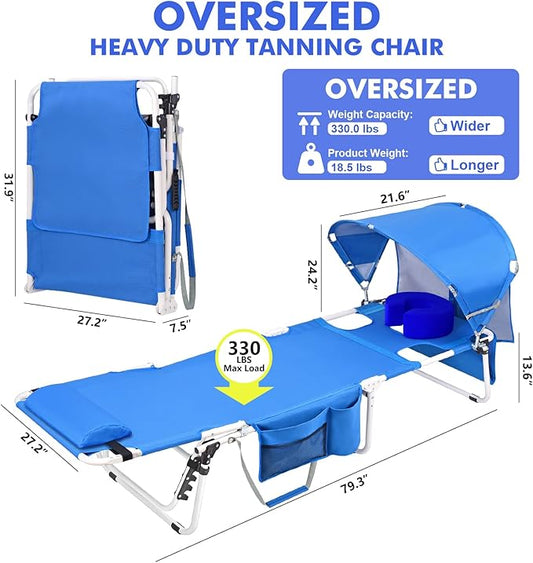 Oversized Extra Wide Tanning Chair with Sun Canopy Face Hole Padded Adjustable Washable, Heavy Duty Layout Folding Lounge Chair for Outside Beach Reading Sunbathing, UPF 50+, XL, Plus Size, 330 LBS