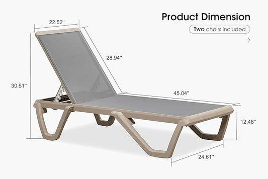 PURPLE LEAF Outdoor Chaise Lounge Chair Set of 2 Pool Lounge Chair with Champagne Aluminum Plastic Stackable Patio Lounge Chair for Poolside Sunbathing Beach Deck Yard, Grey