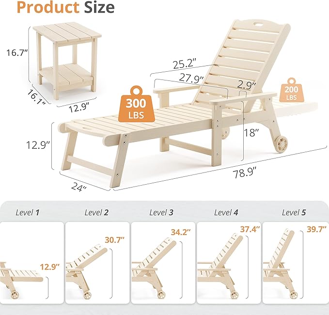 LUE BONA Outdoor Lounge Chair Set with Table, 6-Piece, HDPS Chaise Lounge Outdoor with Wheels, 5 Positions Adjustable Pool Lounger Chairs for Outside, Patio, Sand