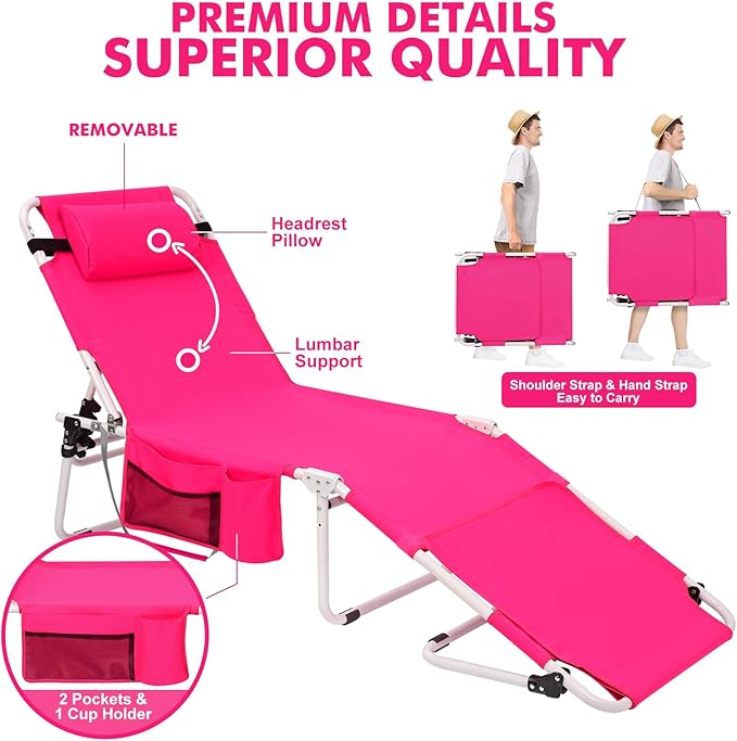 Oversized Extra Wide Tanning Chair with Sun Canopy Face Hole Padded Adjustable Washable, Heavy Duty Layout Folding Lounge Chair for Outside Beach Reading Sunbathing, UPF 50+, XL, Pink, 330 LBS