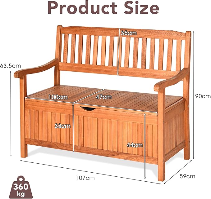 S AFSTAR Outdoor Patio Bench with Storage Box, 33 Gallon Storage Bench Deck Box with Dustproof Liner, Comfort Backrest & Wide Armrest, 800 lbs Capacity, Wood Bench for Garden Patio Park Porch