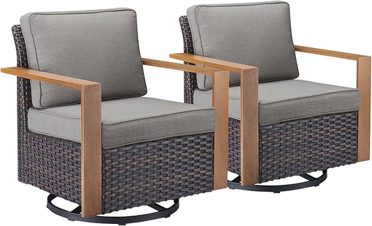 Rilyson Outdoor Patio Swivel Rocker Chairs - Wicker Rattan Patio Swivel Rocking Chairs Set of 2 with Metal Wide Armrest, Thick Cushions and Deep Seating for Deck Porch Sunroom Garden(Brown/Grey)