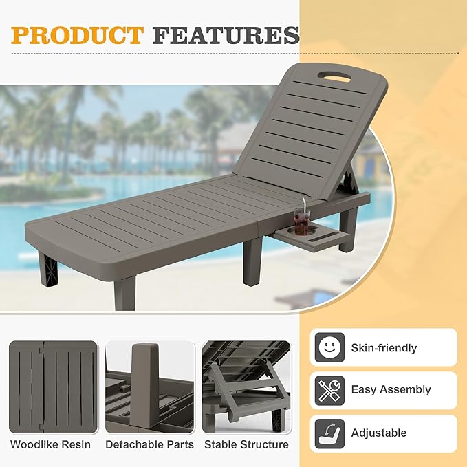 UPDATIO Outdoor Lounge Chair, Resin 5-Position Adjustable Reclining Chaise Lounge, Waterproof Patio Chairs for Pool, Beach, Lawn, and Garden