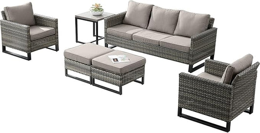 Rilyson Wicker Outdoor Patio Furniture Set - 6 Piece Patio Conversation Set with 2 Armrest Chairs,2 Rattan Ottoman,1 Couch and 1 Metal Side Table for Outside Porch Deck Backyard(Mixed Grey/Grey)