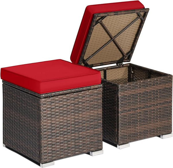 RELAX4LIFE Wicker Outdoor Storage Ottoman, 2-Piece Rattan Footstool w/Removable Cushion - Photo 1