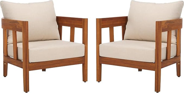 SAFAVIEH Outdoor Collection Owen Natural Brown/Taupe Cushion Solid Wood Chair Set of 2 - Photo 1