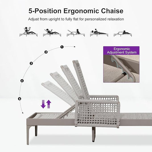 PURPLE LEAF 3 Pieces Outdoor Chaise Lounge Set Rattan Wicker Lounger with Arms Poolside Furniture Adjustable Recliners Patio Lounge Chairs for Beach Yard Garden Balcony, Champagne