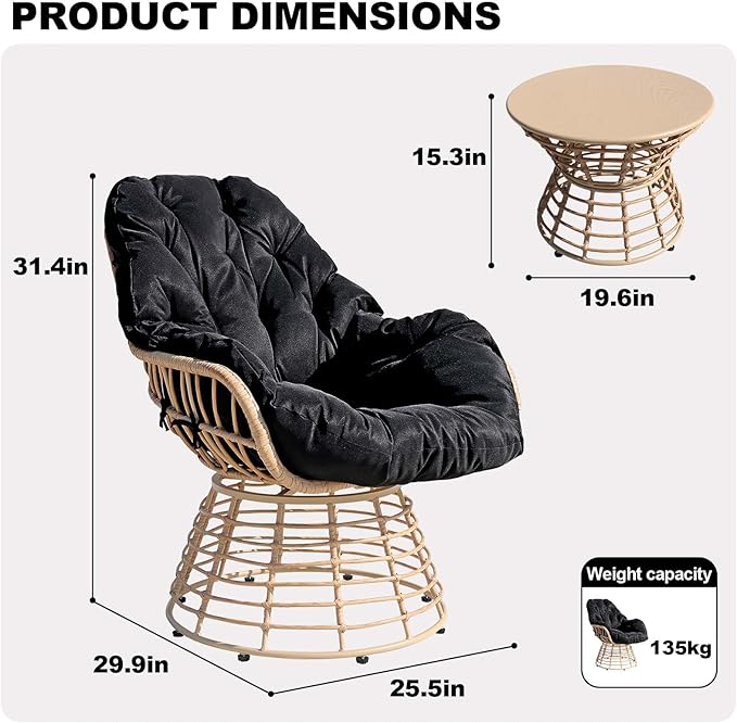 Swivel Chairs for Outside Patio Set of 3, 360° Swivel Pe Wicker Luxury Lounger Chair with 20" Side Table, Soft Cushion and Durable Frame, for Apartment Balcony, Patio, Porch, Yard (Black)