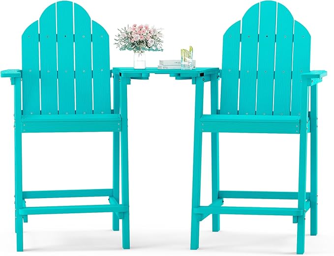 LUE BONA Tall Adirondack Chair Set of 2, All Weather HDPS Bar Height Adirondack Chair with Detachable Table & Umbrella Hole, Adirondack Barstools for Patio, Deck, Backyard & Commercial Use Aruba Blue