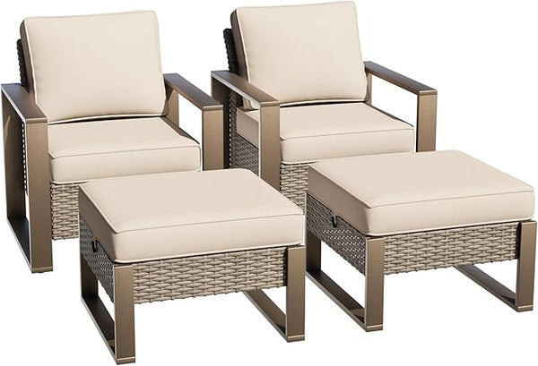 Outdoor Wicker Metal Chairs Set of 2 with Two Ottomans - 4 Pieces Patio Bistro Set with Rectangular Framed Wood-Looking - Photo 1
