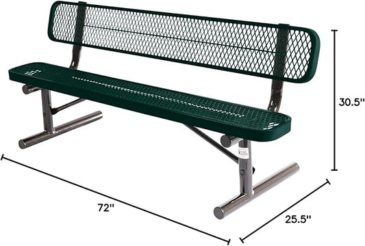 COATEDOUTDOORFURNITURE Heavy-Duty Portable Outdoor Bench Thermoplastic Coated, Expanded Metal, Commercial-Grade Seating, Made in America (Portable with Back, 6 Ft, Textured Dark Green)