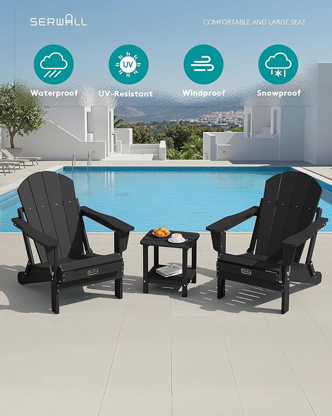 SERWALL Foldable Adirondack Chair Set of 2 for Patio Garden Outdoors Fire Pit-Black
