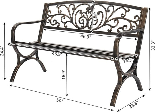 50in Bronze Iron Bench,Outdoor Garden Bench, Cast Iron Metal Frame Patio Park Bench with Butterfly Pattern Backrest, Arch Legs for Porch, Lawn, Yard