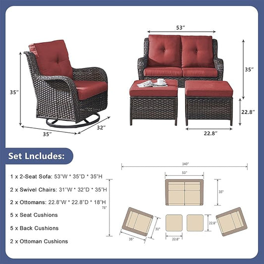 Rilyson Wicker Patio Furniture Set - 5 Piece Rattan Outdoor Sectional Conversation Sets with 2 Rocking Swivel Chairs,2 Ottomans and 1 Loveseat for Porch Deck Garden(Brown/Red)
