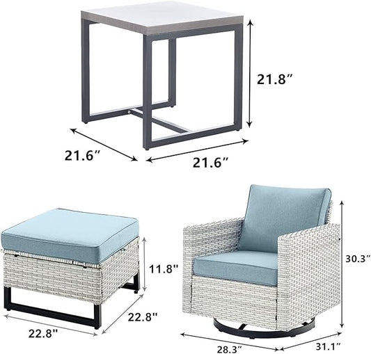 Wicker Outdoor Patio Furniture Set - 5 Piece Patio Conversation Set with 2 Swivel Rocker Chairs,2 Rattan Ottoman and 1 Metal Side Table for Outside Porch Deck Backyard Garden(Light Grey/Sky Blue)