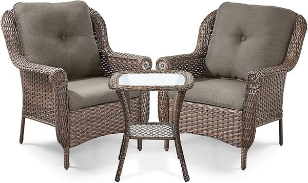 3 Piece Patio Brown Wicker Chairs with Side Table - Outdoor High Back Heavy Duty All-Weather Lawn Dining Rattan Chair - Photo 1