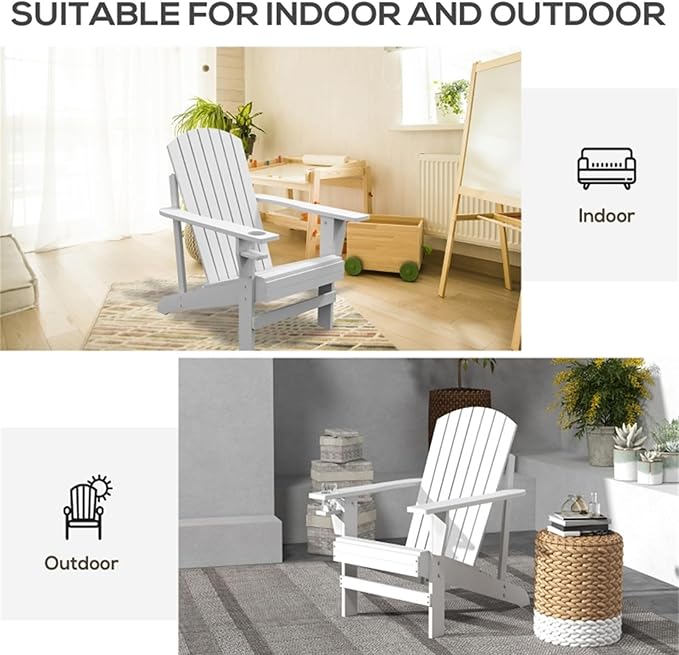 Folding Adirondack Chair, Weather Resistant Outdoor Patio Chair with Cup Holder for Lawn, Backyard, Poolside(White)