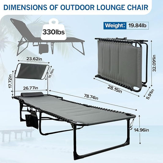 Outdoor Folding Lounge Chair with Removable Canopy & Pillow, Padded Reclining Chaise Lounge Chair 5-Position Heavy Duty Beach Chair for Patio, Beach, Pool, Camping