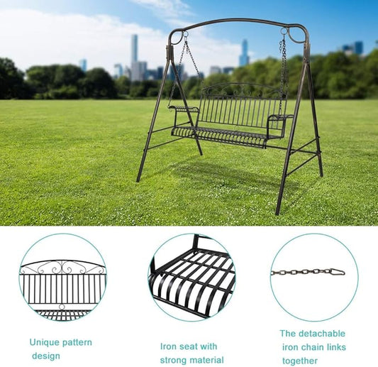 Porch Swing Hanging Bench Metal Porch Swing Outdoor Patio Furniture Iron Swing Chair Heavy Duty Steel Black Porch Swing Hanging Chair Porch Swings for Garden, Yard, Deck, Backyard(Not Included Stand)