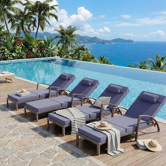 GarveeLife Outdoor Wicker Chaise Lounge Chair with Cushion, Metal Frame Patio Reclining Lounge Bed, All-Weather Rattan Sun Lounger for Poolside, Garden, Backyard & Balcony,Brown Wicker, Blue Cushion