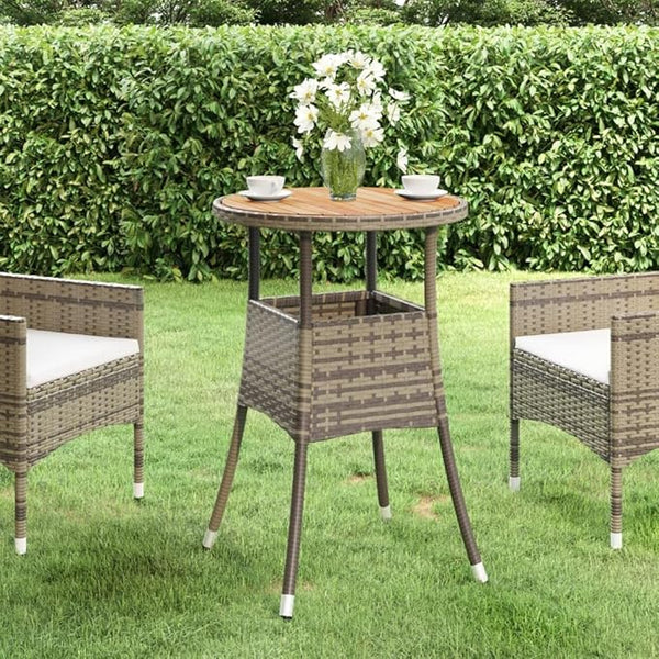 Garden Table with Grey Poly Rattan Round Top and Solid Acacia Wood Base - Photo 1